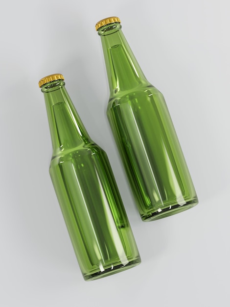 Twee lege groene glazen bierfles mockup sjabloon 3d render