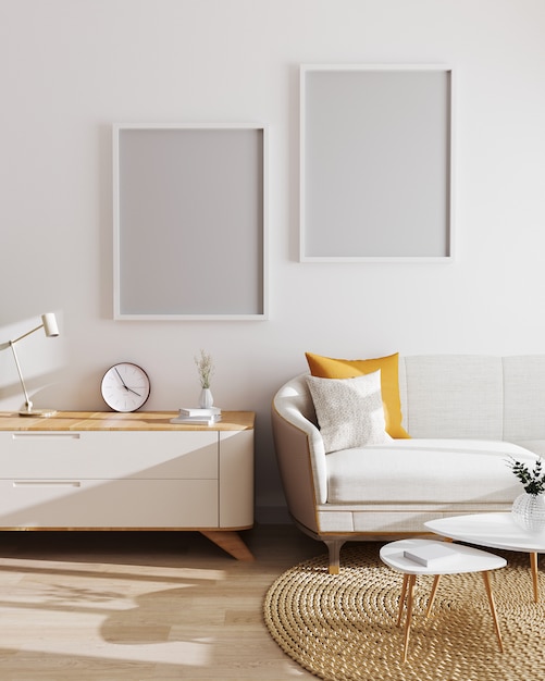 Twee lege posterframes in moderne woonkamer interieur. Mockup, woonkamer met witte muur en modern minimalistisch meubilair. Scandinavische stijl, woonkamer interieur. 3D render