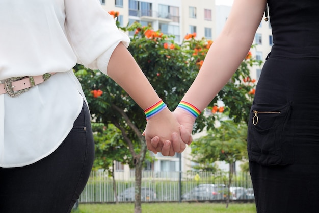 Twee lesbische meisjes die elkaars hand vasthouden en de vlag van trots dragen