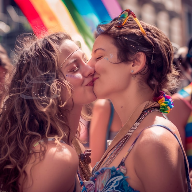 Twee lesbische meisjes kussen op de gay parade pride party