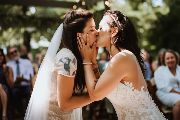 Twee lesbische vrouwen in trouwjurken zoenen op hun bruiloft