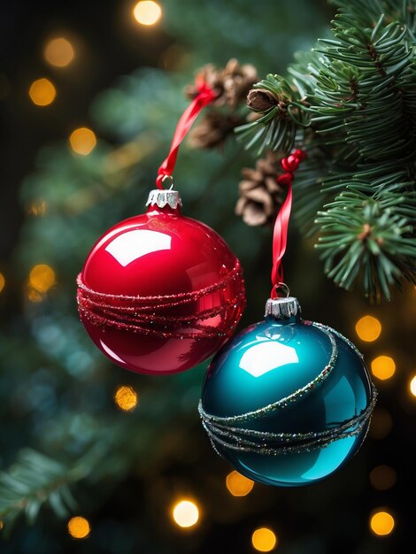 Twee levendige kleurrijke ballen hangen aan een delicate kerstboom tak 34