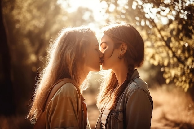 Twee lgbt lesbische meisjes verliefd kussen in de natuur in het park in de zomer Generatieve AI