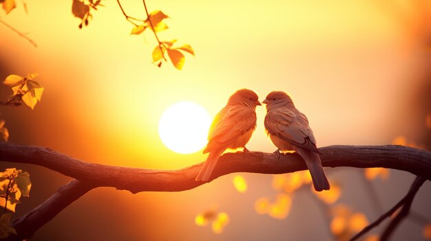 Twee liefdesvogels op een tak bij zonsondergang sfeer