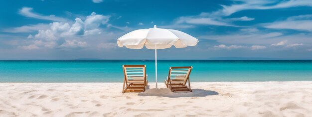 Twee ligstoelen onder een parasol op een strand