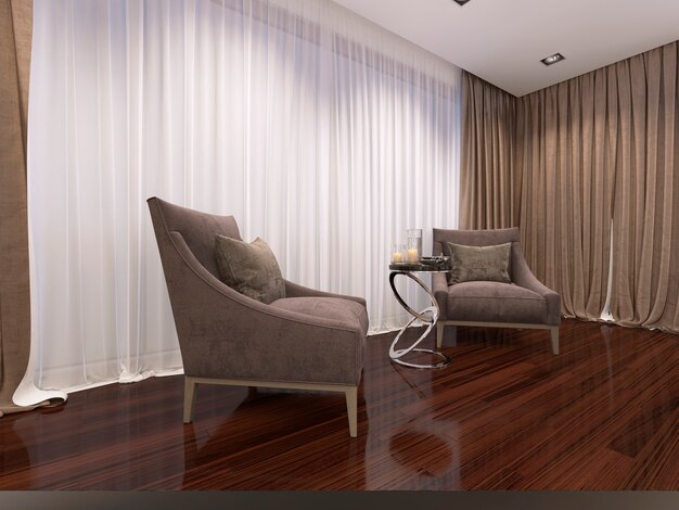 Twee luxe zachte fauteuils in de avond slaapkamer, art deco stijl. 3D-rendering