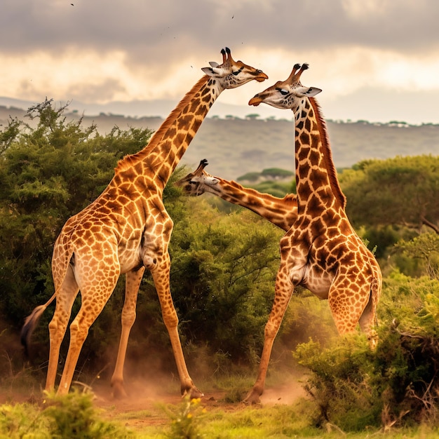 twee mannelijke giraffen die vechten in het nationale park van nairobi