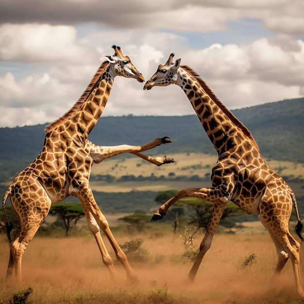 twee mannelijke giraffen die vechten in het nationale park van nairobi