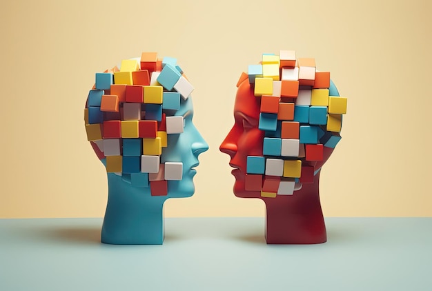 twee mannelijke hoofden met kubussen in de vorm van hersenen in de stijl van levendige kleurblokken