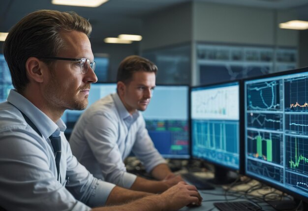 Twee mannelijke ingenieurs bewaken netwerk servers de controlekamer is gevuld met schermen en gegevens