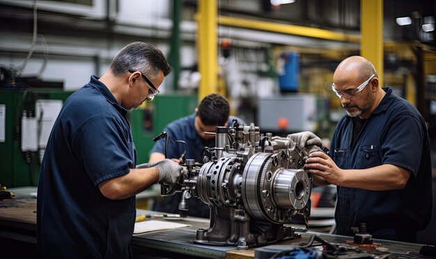 Twee mannen die aan een machine werken in een fabriek