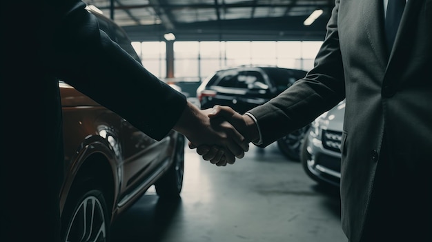 Twee mannen die elkaar de hand schudden in een door AI gegenereerde autoshowroom op een parkeerplaats