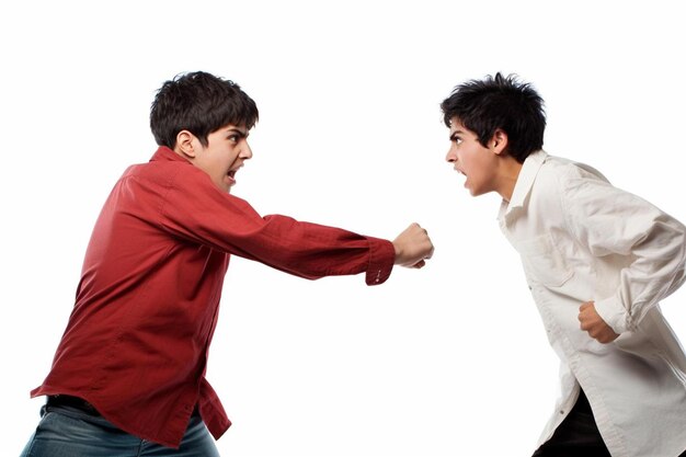 twee mannen die vechten voor een witte achtergrond met een die een rood shirt draagt die zegt dat een van hen boos is