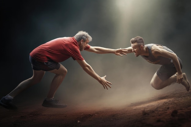 Twee mannen genieten van een spelletje frisbee terwijl ze de schijf gooien en vangen in een park op een zonnige dag Runner die een helpende hand biedt aan een gevallen concurrent AI Generated