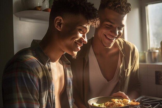 Twee mannen glimlachen en een draagt een shirt met "t" erop.