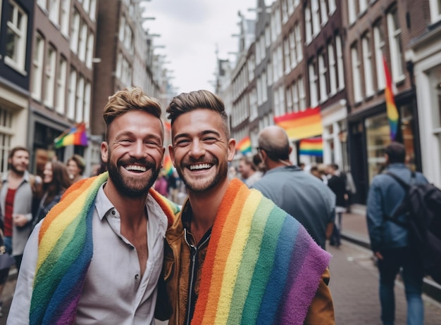 Twee mannen glimlachen in een menigte met een regenboogvlag op hun schouders.