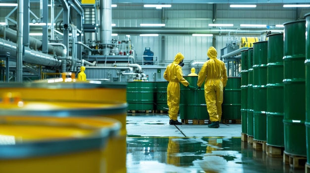 Twee mannen in beschermende pakken inspecteren chemische vaten in een fabriek