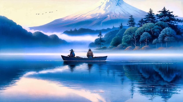 Twee mannen in een boot op een meer met Mount Fuji op de achtergrond.