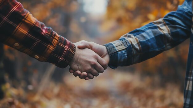 Twee mannen in geruite shirts die elkaar de hand schudden voor een niet-focus achtergrond van herfstbladeren