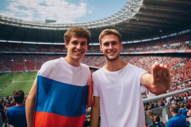 Twee mannen in stadion één met een Russische vlag T-shirt glimlachend en gelukkig