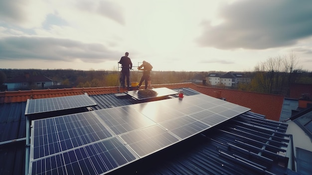 Twee mannen installeren zonnepanelen op een dak