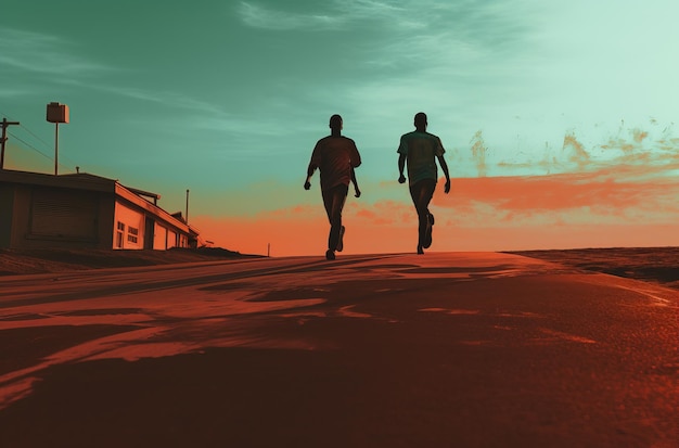 Twee mannen joggen op het strand bij zonsondergang.