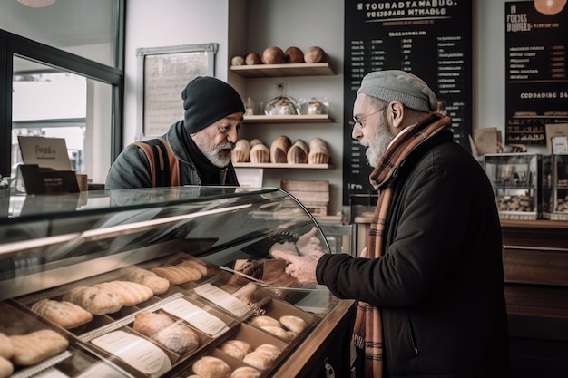 Twee mannen kijken naar donuts bij een bakkerijtoonbank Generative Ai
