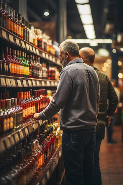 Twee mannen kijken naar flessen alcohol in een winkel.