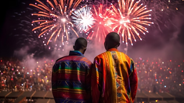 Twee mannen kijken naar vuurwerk op een festival