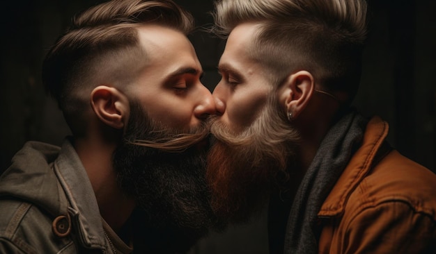 Twee mannen kussen elkaar in een donkere kamer.