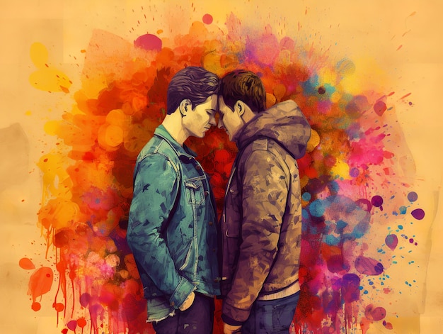 Twee mannen kussen elkaar met een scheutje regenboogkleuren om de LGBT-trotsdag te vieren