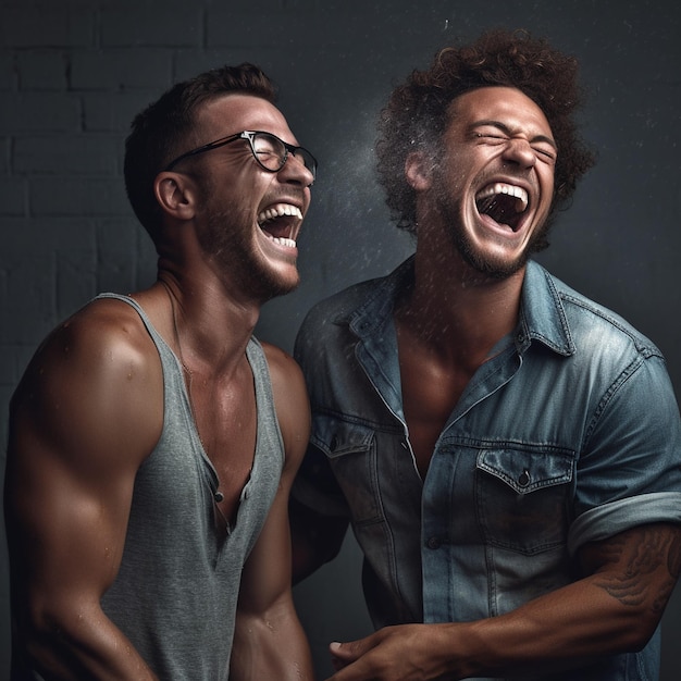 Foto twee mannen lachen en lachen met een die een shirt draagt met 