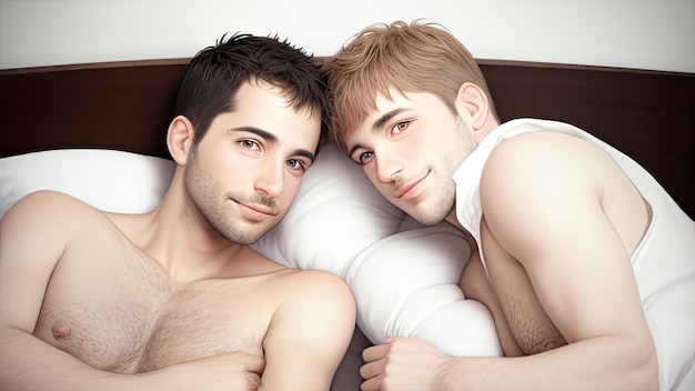Foto twee mannen liggen in bed, een van hen draagt een wit overhemd.
