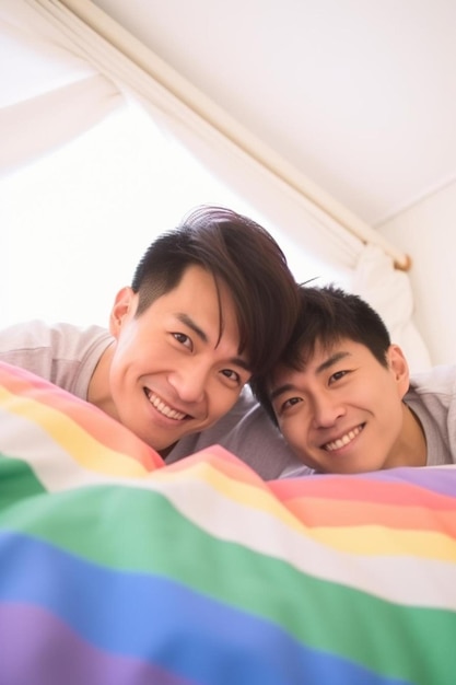 twee mannen liggen op een bed met een regenboog gekleurde deken