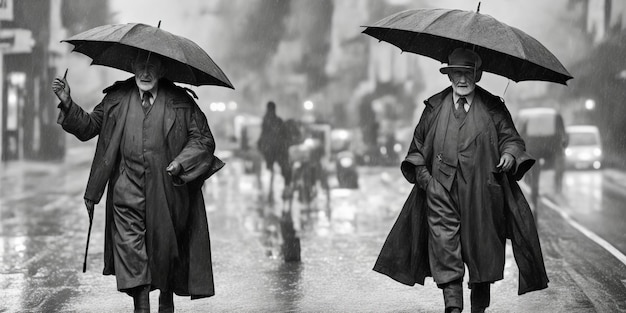 Twee mannen lopen in de regen met paraplu's