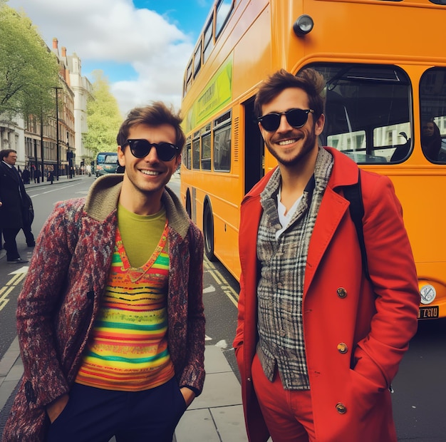 twee mannen met een zonnebril en een rood jasje met het woord 'op de voorkant van een bus.