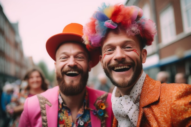 Twee mannen met kleurrijke pruiken glimlachen naar de camera.