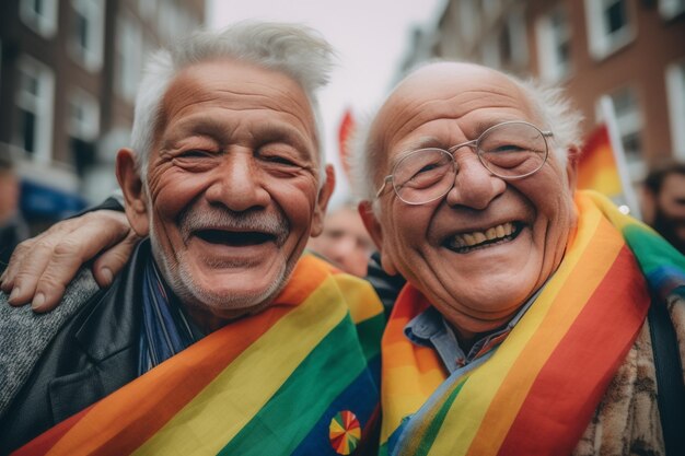 Twee mannen met regenboogvlaggen glimlachen en omhelzen elkaar.