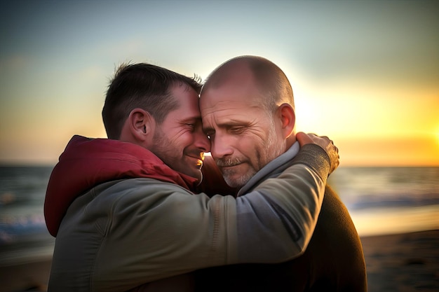 Foto twee mannen omhelzen elkaar op het strand.