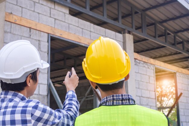 Twee mannen op de bouwplaats met harde hoeden. Staan en praten over de problemen van de woningbouw.