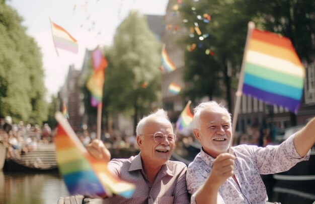 Twee mannen op een boot bij de LGBTQ Pride Parade in Amsterdam Amsterdam Pride Month