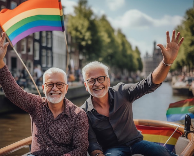 Foto twee mannen op een boot die met een regenboogvlag zwaaien