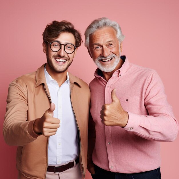 twee mannen poseren voor een foto met een die zegt duimen omhoog
