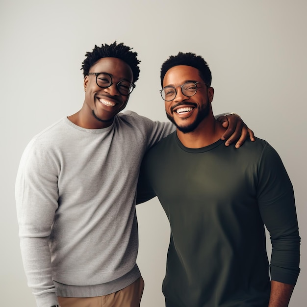 twee mannen poseren voor een foto, waarbij één een bril draagt en één een grijs shirt heeft met de tekst quot het woord q