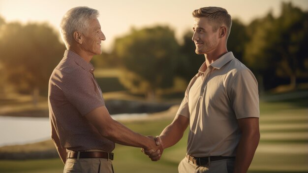 Foto twee mannen schudden elkaar de hand voor een ronde golf.