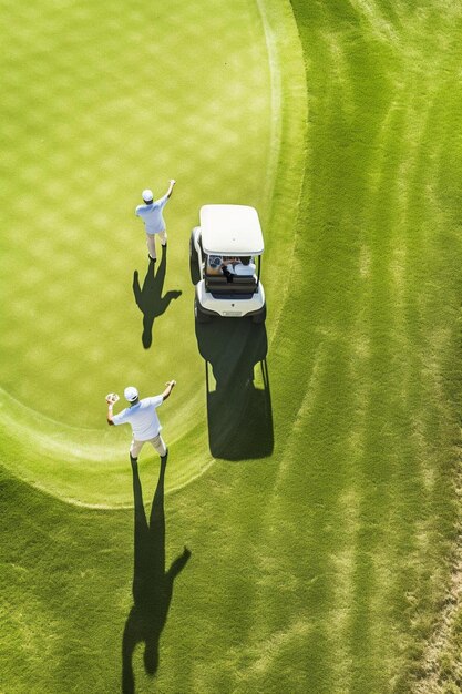 Foto twee mannen springen over een golfbal en de schaduw van een auto op het groen.