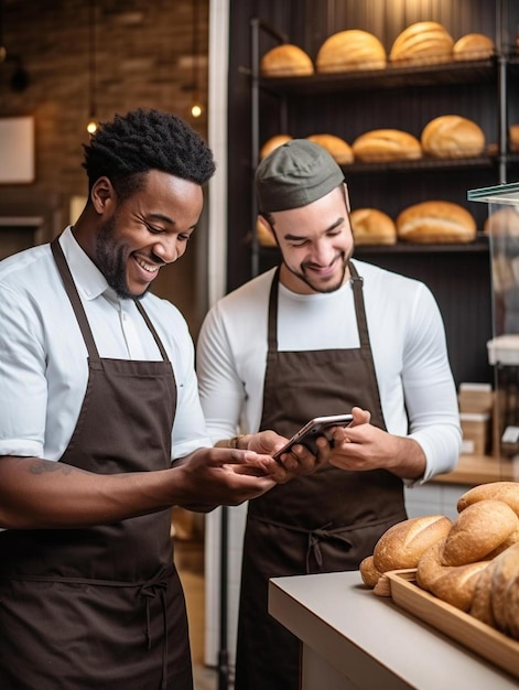 Twee mannen staan voor een bakkerij met brood.