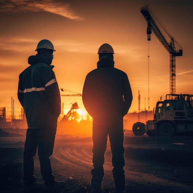 Twee mannen staan voor een bouwplaats met een zonsondergang op de achtergrond.