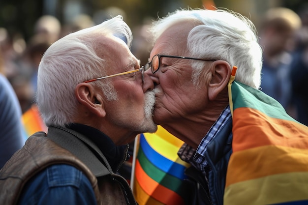 Twee mannen van in de 60 geven en kussen elkaar op de lippen met de lgtbi-vlag op de achtergrond