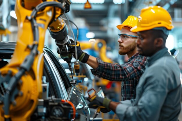 Twee mannen werken aan een auto in een fabriek